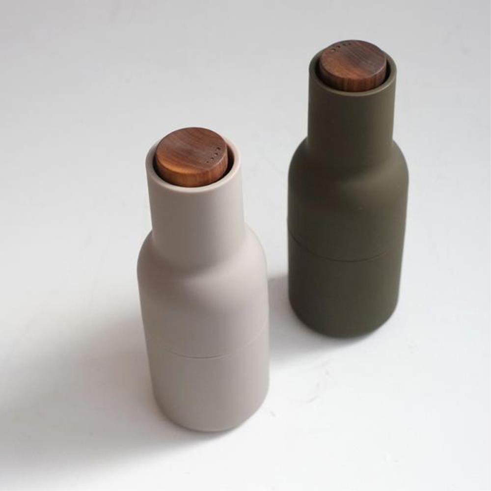 Menu Salt and Pepper Grinders- Hunter green and beige  w walnut lid - Bolt of Cloth - MENU