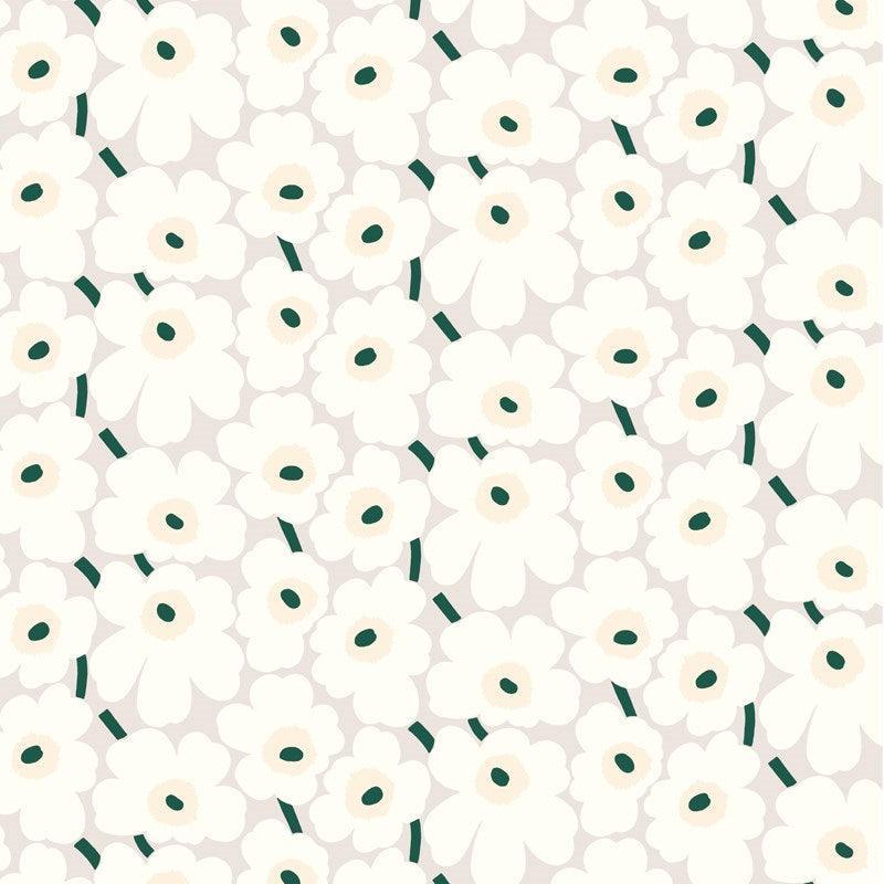 Pieni Unikko Acrylic Coated Cotton Fabric in beige, natural white, dark green - Bolt of Cloth - Marimekko