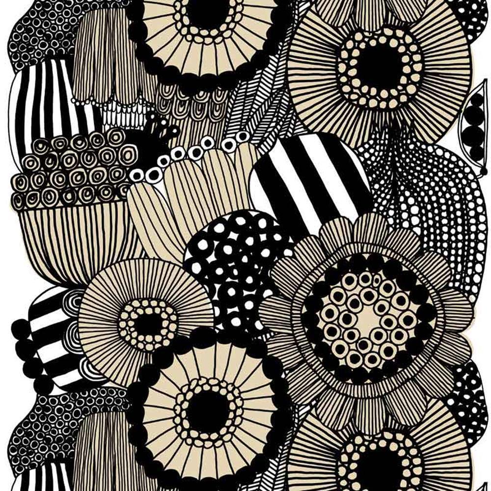 Siirtolapuutarha Fabric in white, black, beige - Bolt of Cloth - Marimekko