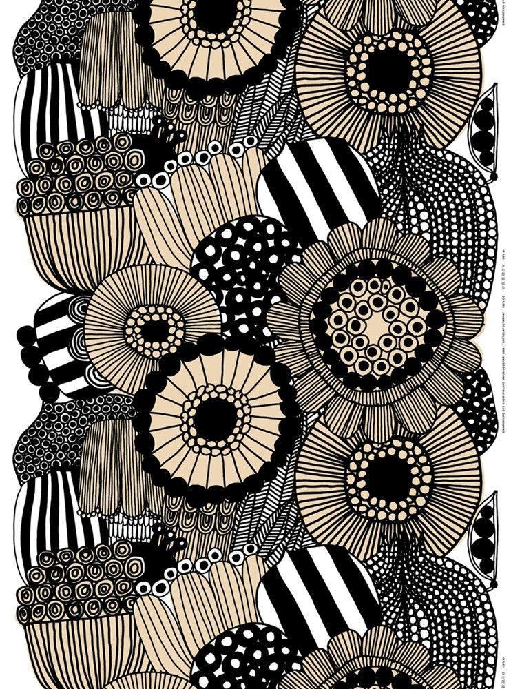 Siirtolapuutarha Fabric in white, black, beige - Bolt of Cloth - Marimekko